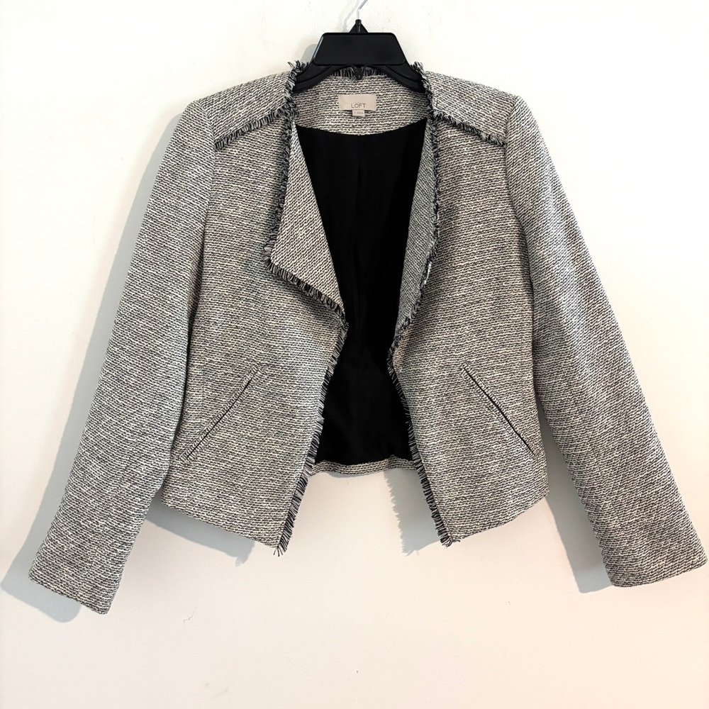 Loft Black and White Size‎ 4 Open-front blazer Women's Gray Tweed Jacket Glam